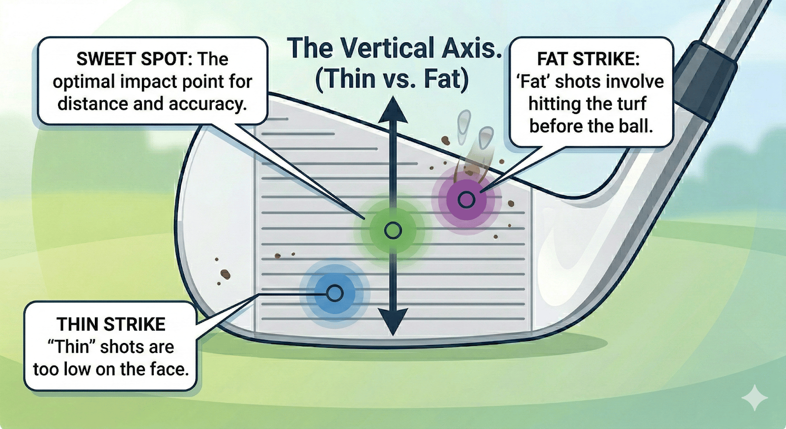 Diagram showing the vertical axis of golf misses (Fat vs. Thin) of the clubface.