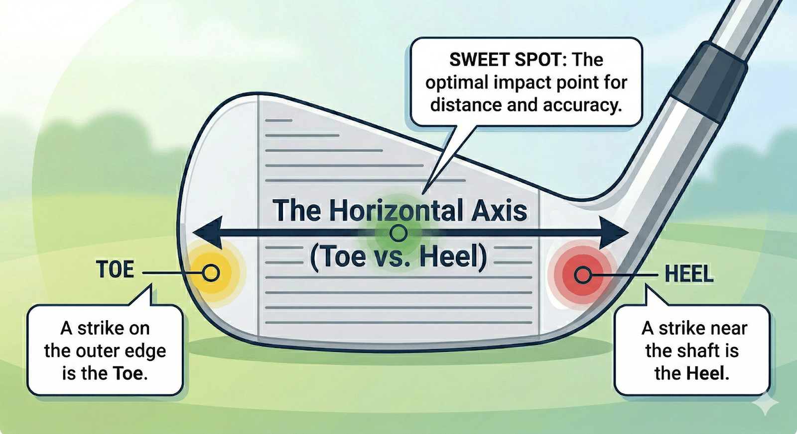 Diagram showing the horizontal axis of golf misses (Toe vs. Heel) of the clubface.