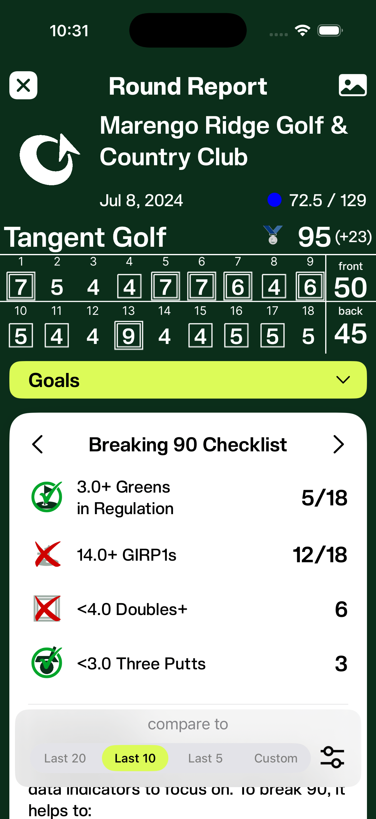 Tangent Golf app goal checklist tracking GIR, GIRp1, doubles, and three-putts