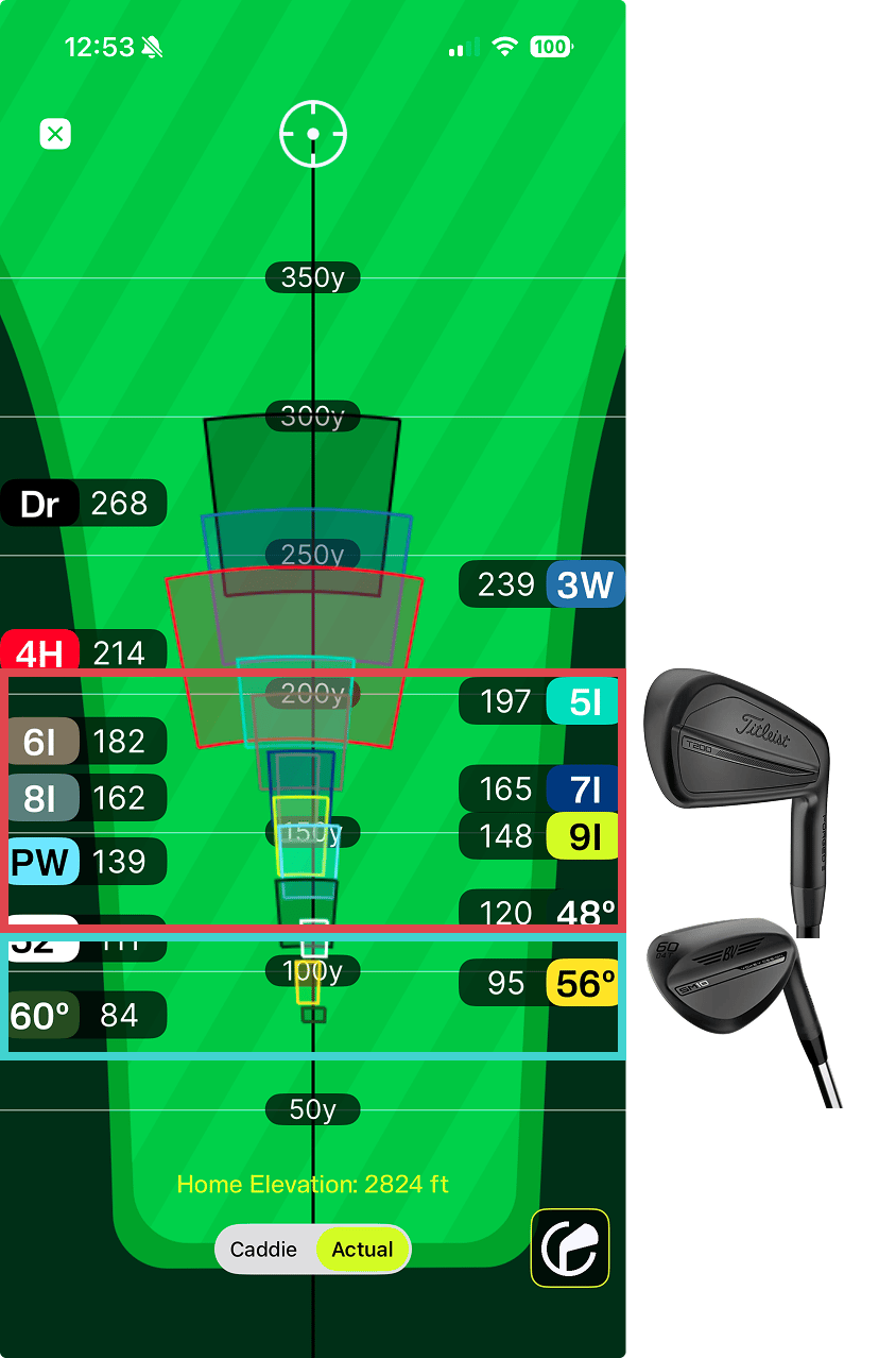Tangent Golf app gapping view showing club distances, dispersions, and overlap for each club in the bag