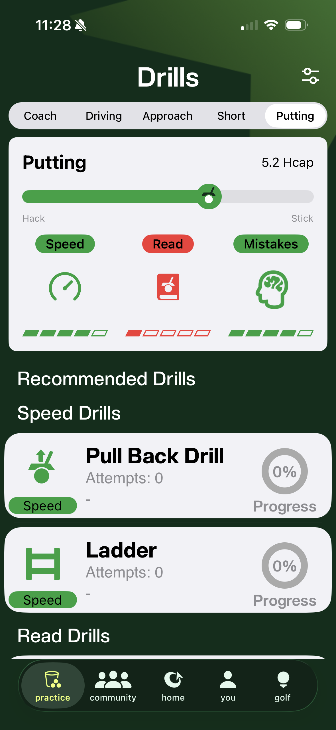 Tangent Golf drills screen for putting, flagging weak "Read" skill and listing recommended Pull Back and Ladder speed drills.