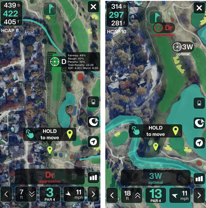 Golf GPS app screens showing satellite hole maps with yardages, club recommendations, and shot-landing probability data overlaid.